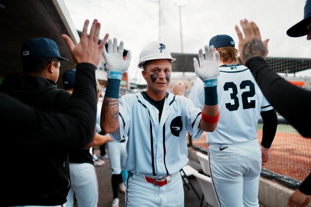Pensacola Blue Wahoos exchange high fives in the dugout