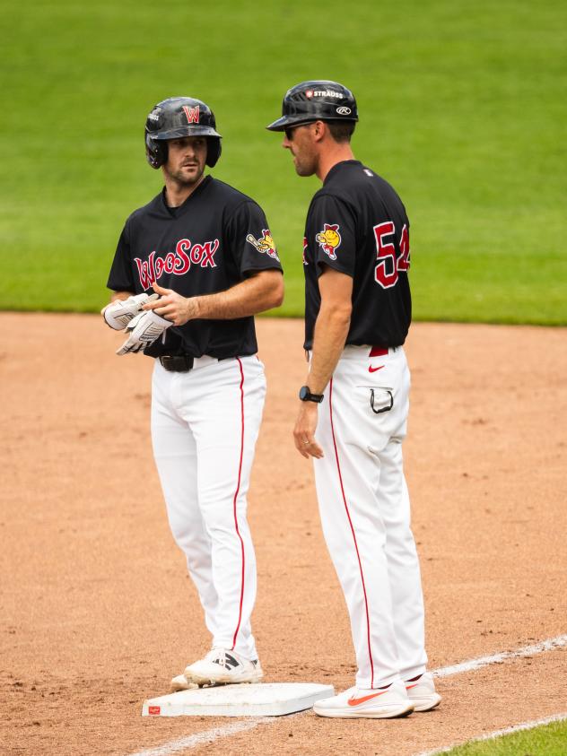 Jason Delay on base for the Worcester Red Sox