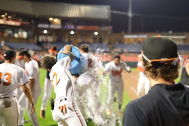 Frederick Keys celebrate a walk-off win