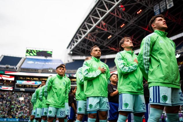 Sounders FC line up for the National Anthem