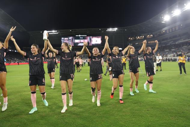 Angel City Football Club celebrates their win over Seattle Reign FC
