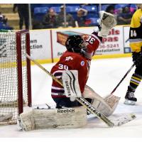 Tomahawks Goaltender Nick DeSimmone Makes a Save vs. the Soo Eagles