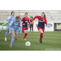 Christine Nairn of the Washington Spirit Closes in on the Ball vs. UNC