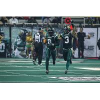 Clevan Thomas (8) and David Hyland (3) of the San Jose SaberCats