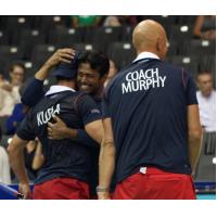 Leander Paes congratulates Denis Kudla as Coach Murphy Looks On
