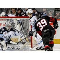 Michael Chaput of the Lake Erie Monsters Scores against the Manitoba Moose