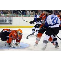 Missouri Mavericks Goaltender Josh Robinson Smothers a Wichita Thunder Shot