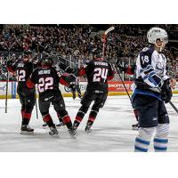 Lake Erie Monsters Celebrate a Goal against the Manitoba Moose