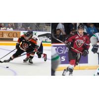 Trevor Cox of the Medicine Hat Tigers and Clayton Kirichenko of the Vancouver Giants