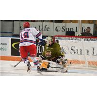 Brandon Robinson of the Kitchener Rangers Scores against the North Bay Battalion