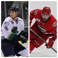 Florida Everblades Forward Mike Aviani and Forward Carter Sandlak with the Charlotte Checkers