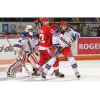 Kitchener Rangers Defend their Goal vs. the Sault Ste. Marie Greyhounds