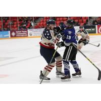 Tri-City Americans Defenseman Parker Wotherspoon vs. Victoria Royals Center Dante Hannoun