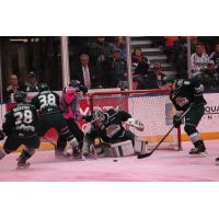 Tri-City Americans Attack the Everett Silvertips Net on Pink Ice