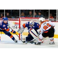 Lehigh Valley Phantoms LW Taylor Leier Tries to Score vs. the Bridgeport Sound Tigers