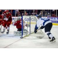 Kale Kerbashian of the Wichita Thunder Tries to Sneak in a Goal vs. the Allen Americans