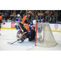 Lehigh Valley Phantoms Goaltender Anthony Stolarz Stops the Onrushing Syracuse Crunch