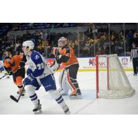 Lehigh Valley Phantoms Goaltender Anthony Stolarz Keeps an Eye on the Action vs. the Syracuse Crunch
