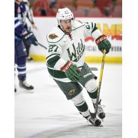 Iowa Wild F Alex Petan Eyes the Puck vs. the Manitoba Moose