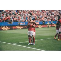 Maxi Urruti and Tesho Akindele of FC Dallas Celebrate against Columbus Crew SC