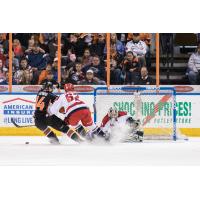 Spencer Asuchak and Goaltender Jake Hildebrand of the Allen Americans vs. the Missouri Mavericks