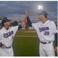 Somerset Patriots INF David Vidal and Manager Brett Jodie Exchange High Fives