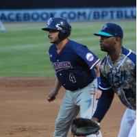 Yovan Gonzalez of the Somerset Patriots on Base vs. the Bridgeport Bluefish