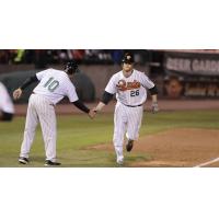 Dan Johnson of the Long Island Ducks Congratulated after Homering