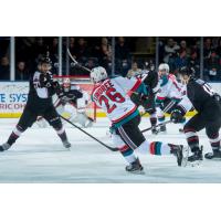 Liam Kindree of the Kelowna Rockets shoots against the Vancouver Giants