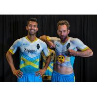 Las Vegas Lights FC Defender Miguel Angel Garduno (left) and Forward Juan Carlos Garci with body paint uniforms