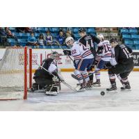Vancouver Giants Goaltender Trent Miner turns aside a Kamloops Blazers shot