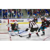 Kelowna Rockets Goaltender Brodan Salmond turns away the Vancouver Giants