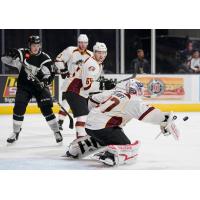 Cleveland Monsters Goaltender Jeff Zatkoff deflects a San Antonio Rampage shot