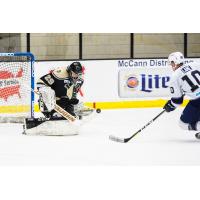 Wheeling Nailers Goaltender Adam Morrison stops the Worcester Railers' Matt Lane