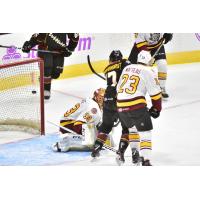 Terry Broadhurst of the Cleveland Monsters scores against the Chicago Wolves