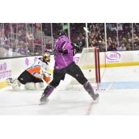 Cleveland Monsters Center Alex Broadhurst scores against the San Diego Gulls