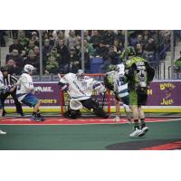 Rochester Knighthawks Goalkeeper Matt Vinc stops the Saskatchewan Rush