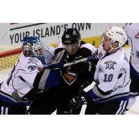 Victoria Royals Goaltender Griffen Outhouse battles the Vancouver Giants