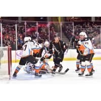 Cleveland Monsters Left Wing Kale Kessy in front of the San Diego Gulls' net