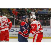 Saginaw Spirit Right Wing DJ Busdeker vs. Sault Ste. Marie Greyhounds Center Barrett Hayton
