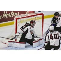 Vancouver Giants Goaltender David Tendeck holds off the Victoria Royals's charge