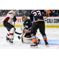 Cleveland Monsters Goaltender Jeff Zatkoff stops a San Diego Gulls' charge