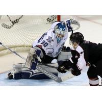 Ty Ronning of the Vancouver Giants gets a shot by Victoria Royals Goaltender Griffen Outhouse
