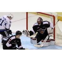 Vancouver Giants Goaltender David Tendeck with a glove save on a Victoria Royals' shot