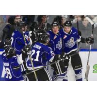 Victoria Royals celebrate their overtime win vs. the Vancouver Giants