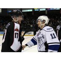 Vancouver Giants Left Wing Tyler Benson offers congratulations to the Victoria Royals