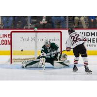 Kieffer Bellows of the Portland Winterhawks scores against the Everett Silvertips