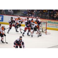 Lehigh Valley Phantoms set up in front of the Hartford Wolf Pack net