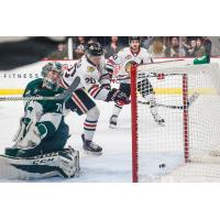 Joachim Blichfeld of the Portland Winterhawks scores against Everett Silvertips Goaltender Carter Hart