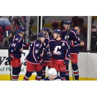Cleveland Monsters huddle up after a goal